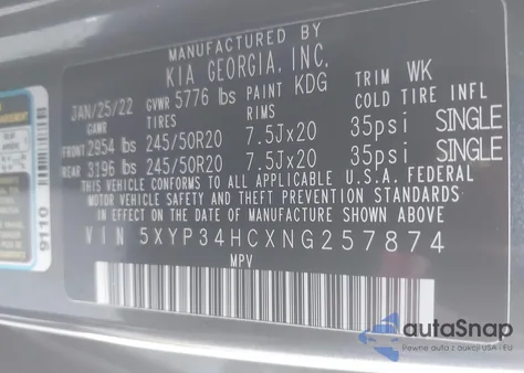 2022 Kia Telluride Ex z USA, uszkodzony, nr VIN 5XYP34HCXNG257874